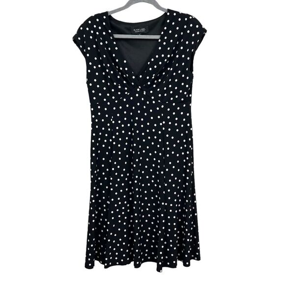 Evan Picone Black Label Womens Polka Dot Dress Ruched V Neck Sleeveless Black 12 - Picture 1 of 6